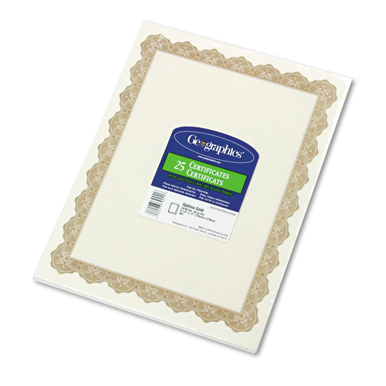 Parchment Paper Certificates, 8.5 x 11, Optima Gold with White Border, 25/Pack - 