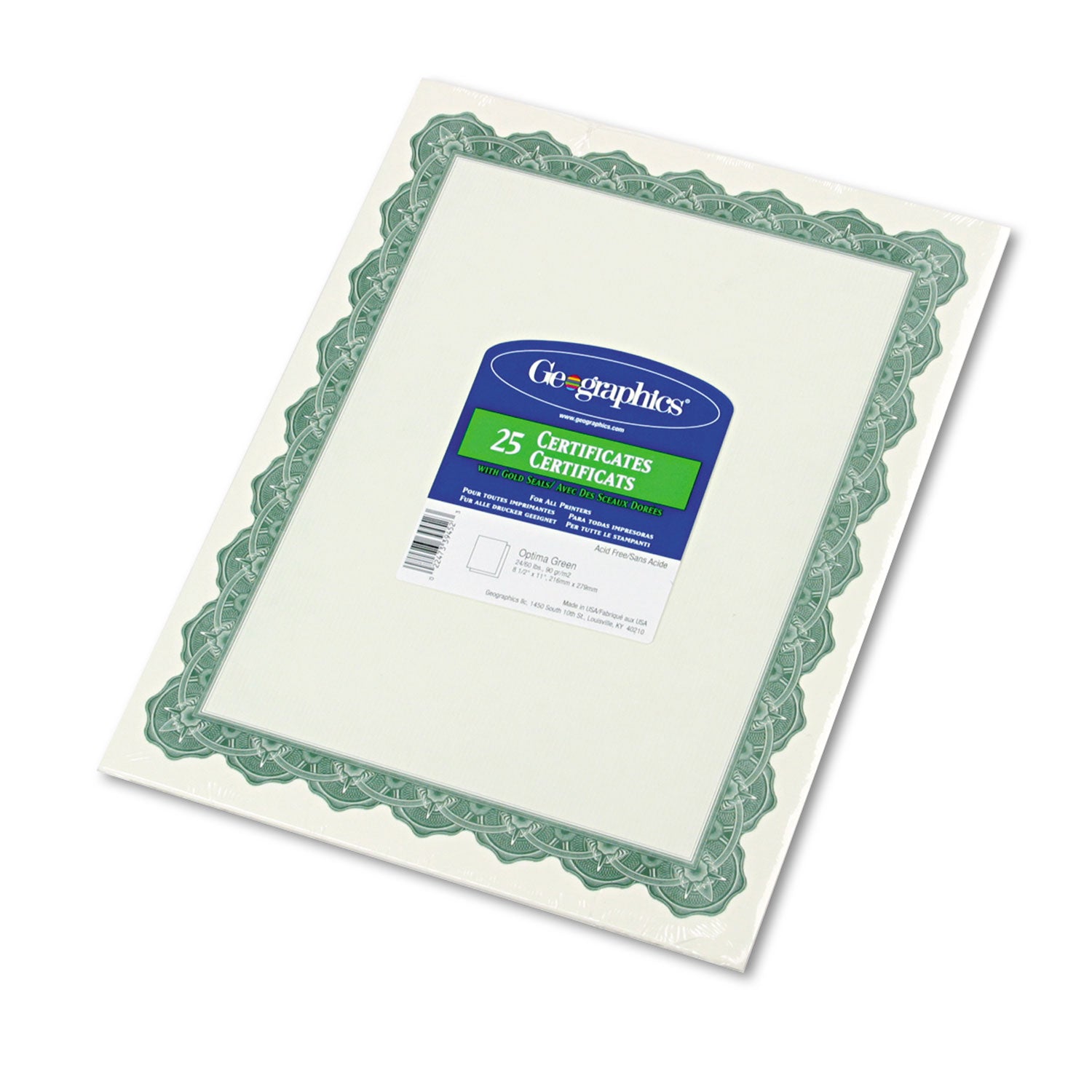 Parchment Paper Certificates, 8.5 x 11, Optima Green with White Border, 25/Pack - 