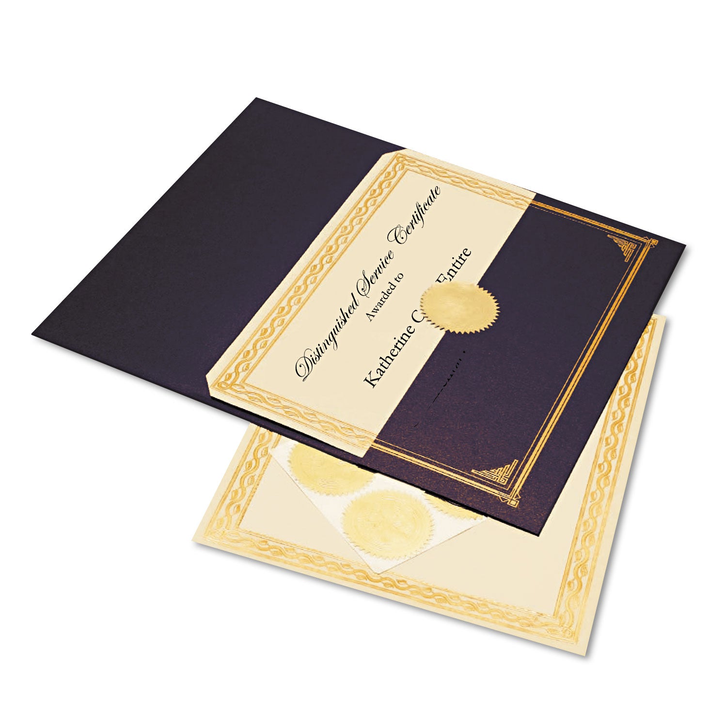 Ivory/Gold Foil Embossed Award Certificate Kit, 8.5 x 11, Blue Metallic Cover, Gold Border, 6/KIt - 
