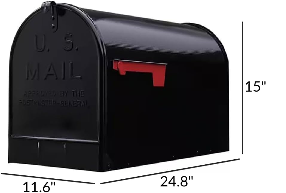 Plexon Jumbo Size Rural Mailbox, 3175 cu-in Capacity, Galvanized Steel, Powder-Coated, 15 in. H x 11.69 in. W x 24.82 in. L (Black, Extra Large)