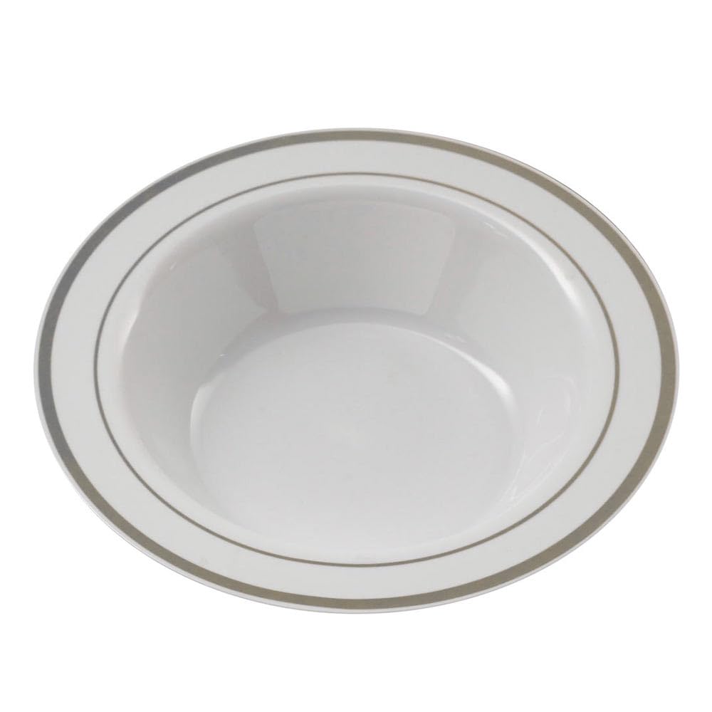7.5" Round White Bowl with Silver Rim, 10/Pack, 12/Case