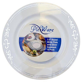 7.5" Round White Bowl with Silver Ornament, 10/Pack, 12/Case