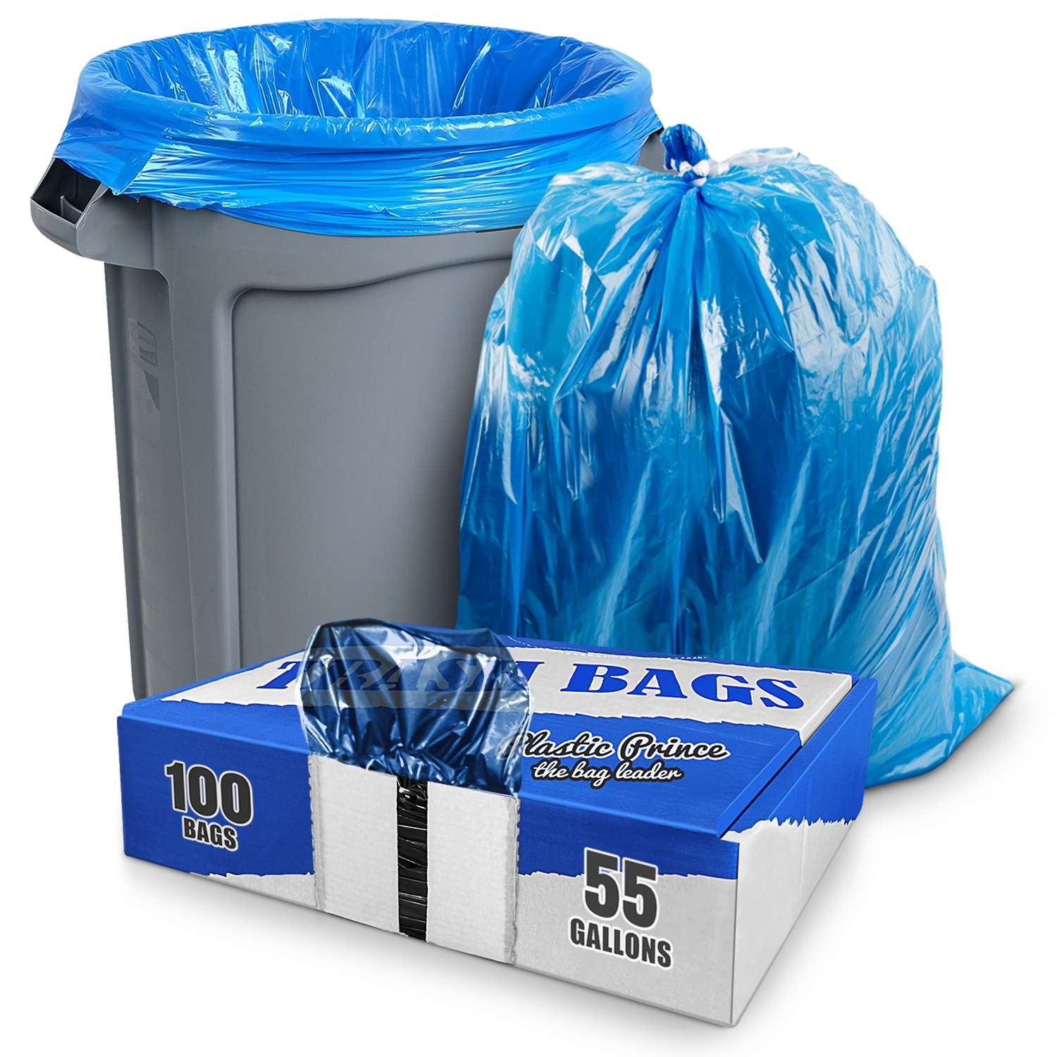 43" x 47" 56 Gal 2 Mil Blue Trash Bags, 100/Case