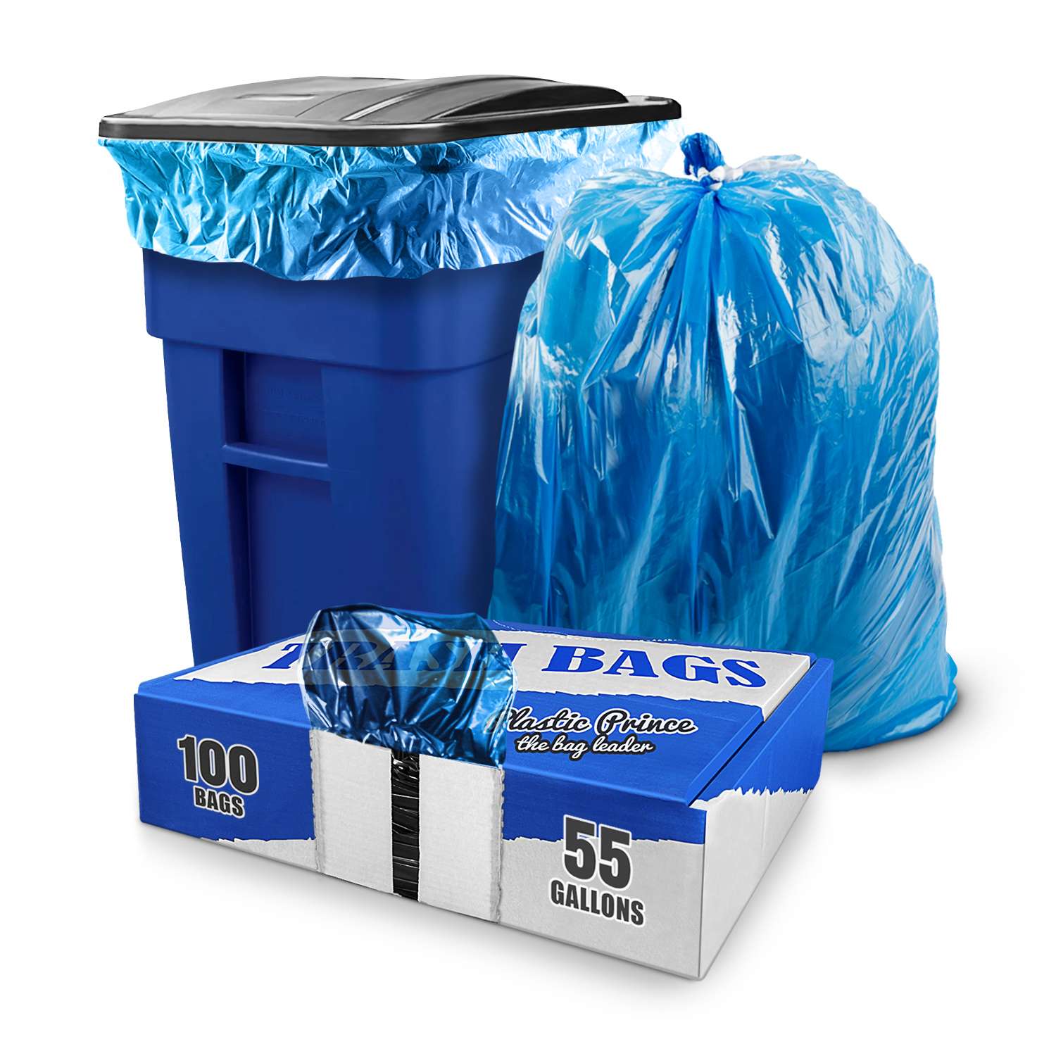 43" x 47" 56 Gal 2 Mil Blue Trash Bags, 100/Case