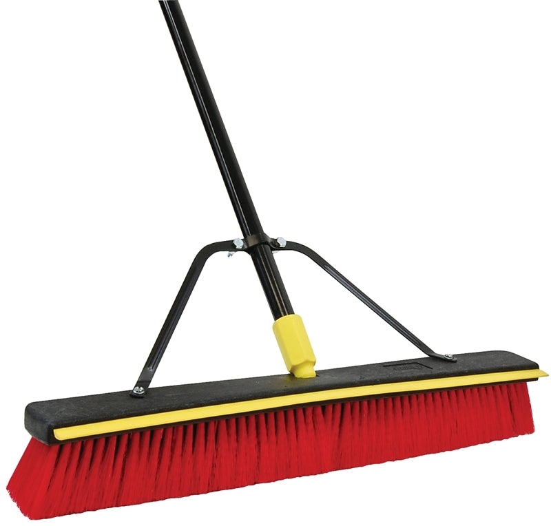 Bulldozer 2-in-1 Squeegee Pushbroom, 24 x 54, PET Bristles, Finished Steel Handle, Black/Red/Yellow