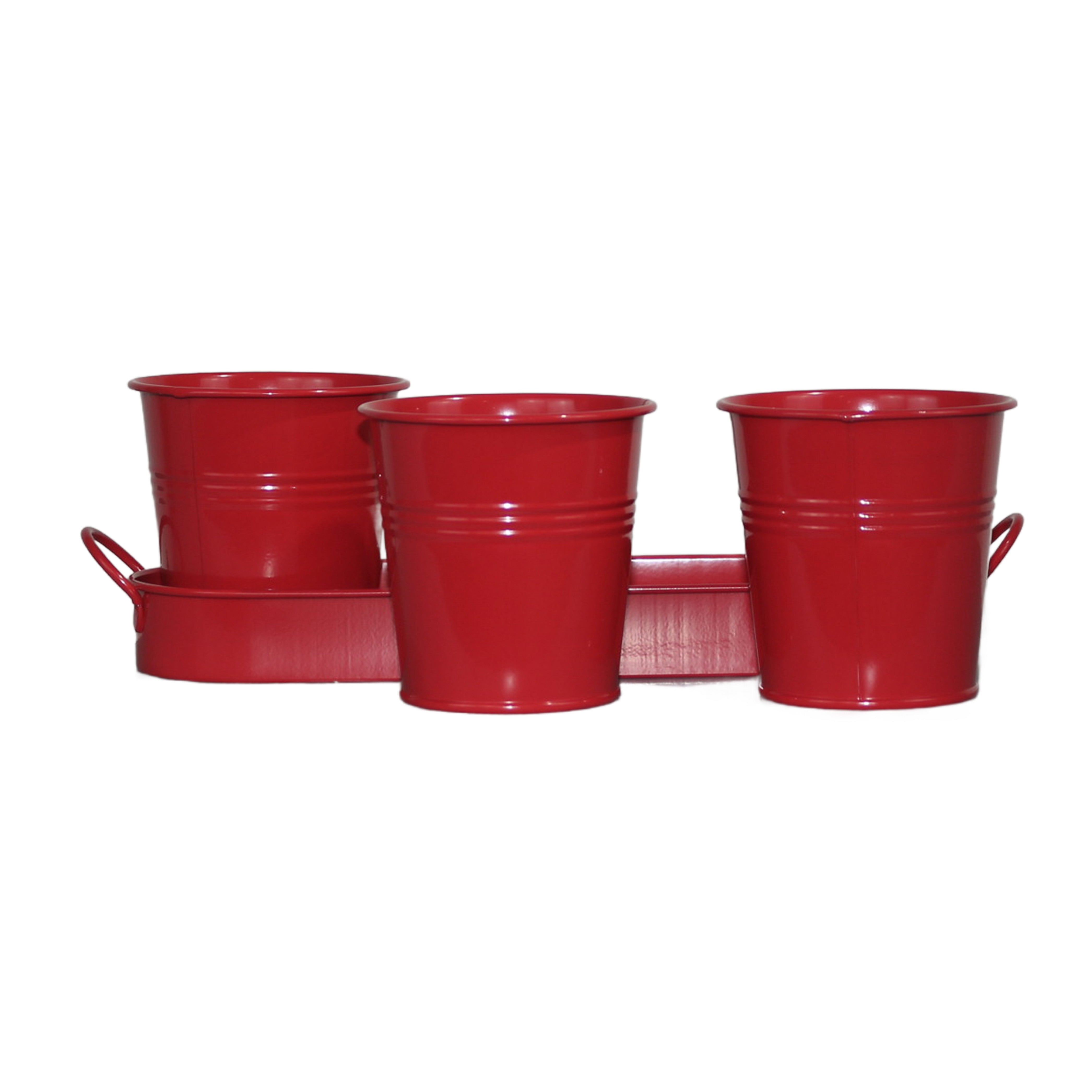 Set of 3 Red Metal Garden Planters with Tray