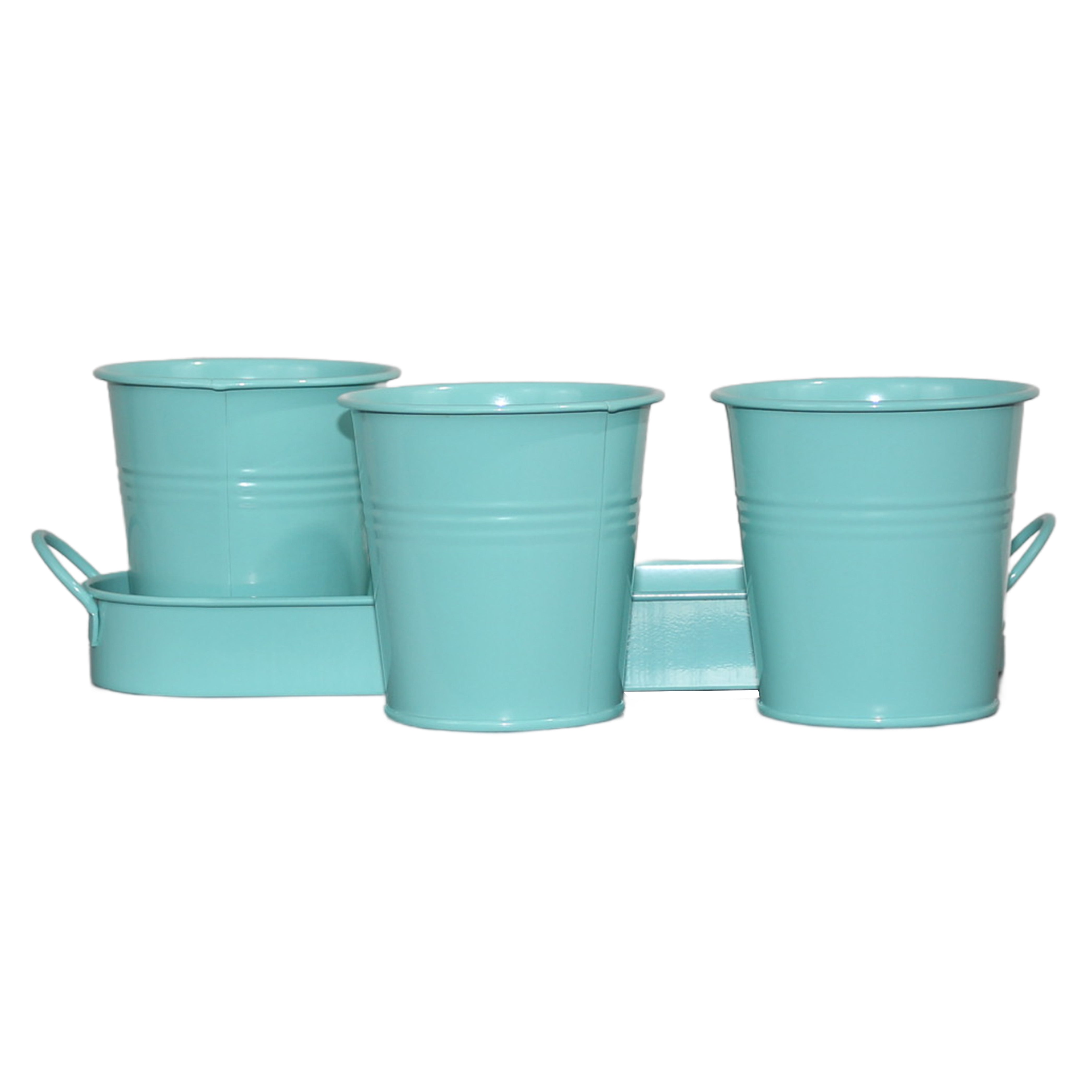 Set of 3 Tiffany Blue Metal Garden Planters with Tray