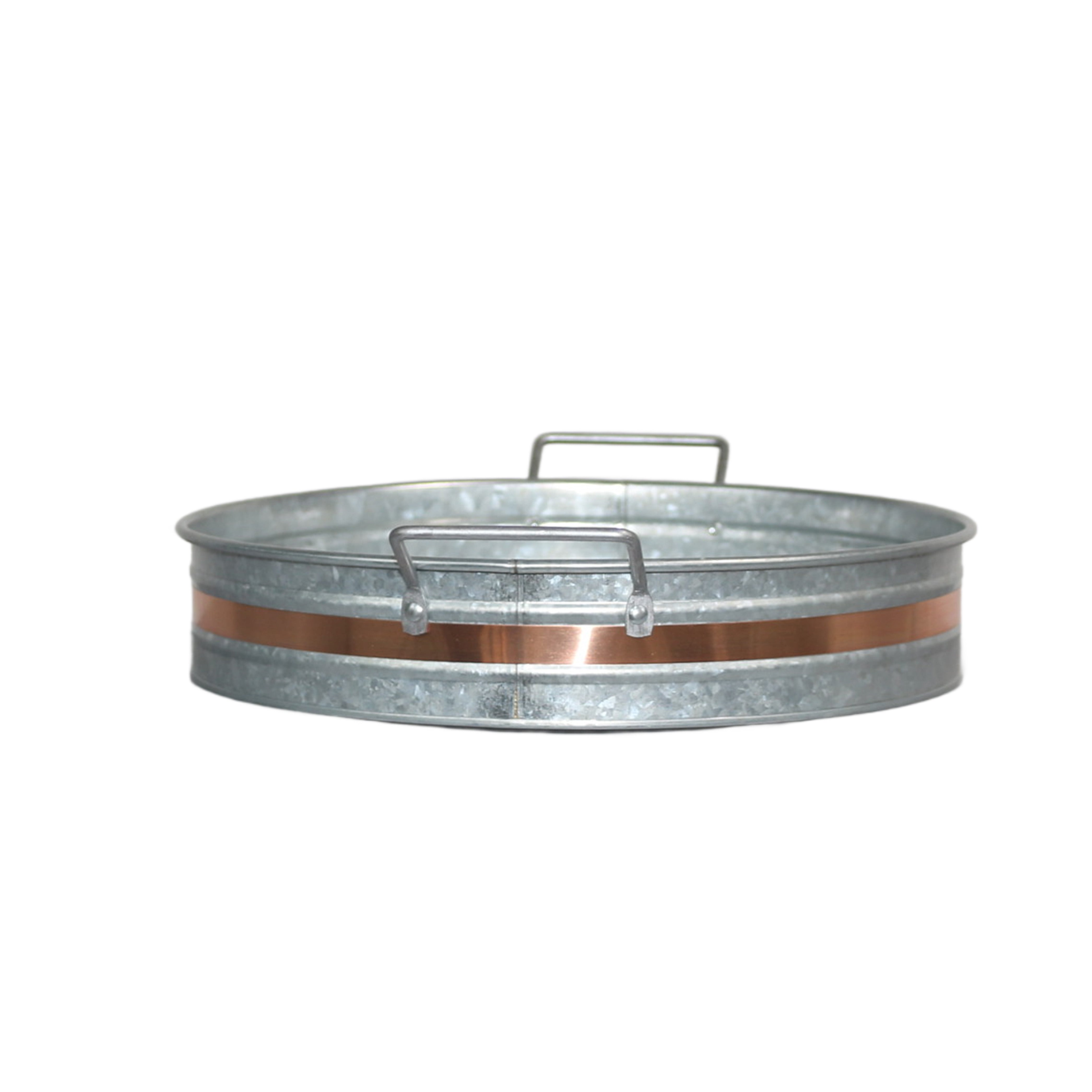 12 in Round Galvanized Metal Serving Tray with Golden Welt and Handle