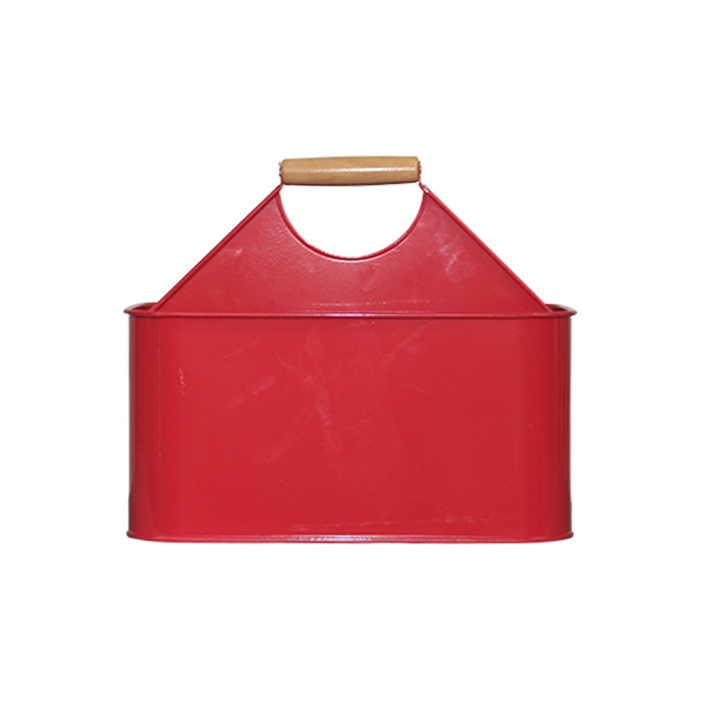 Red Galvanized Metal Utensil Caddy with Wooden Handle