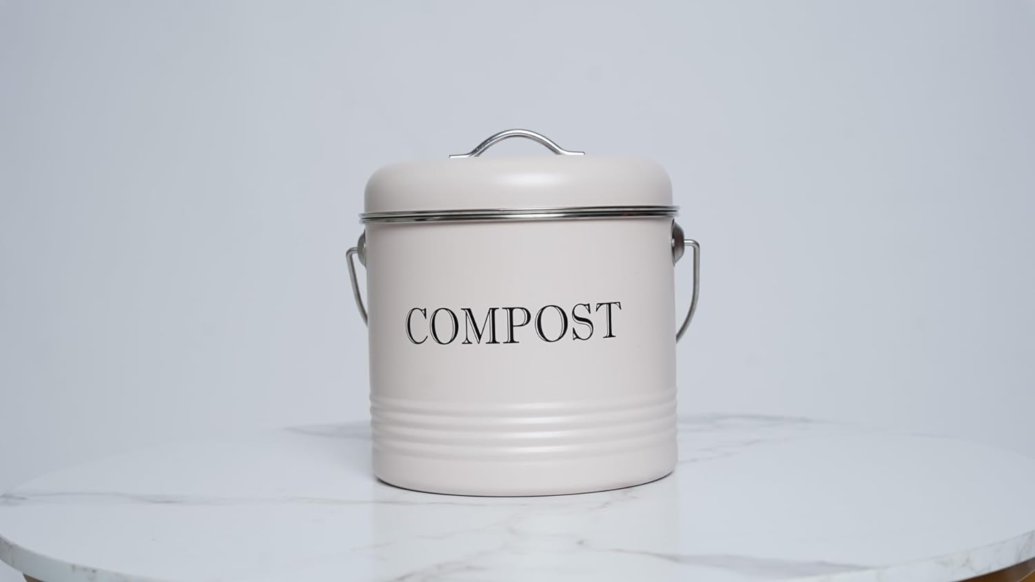 Beige Metal Compost Bucket with Lid - 2
