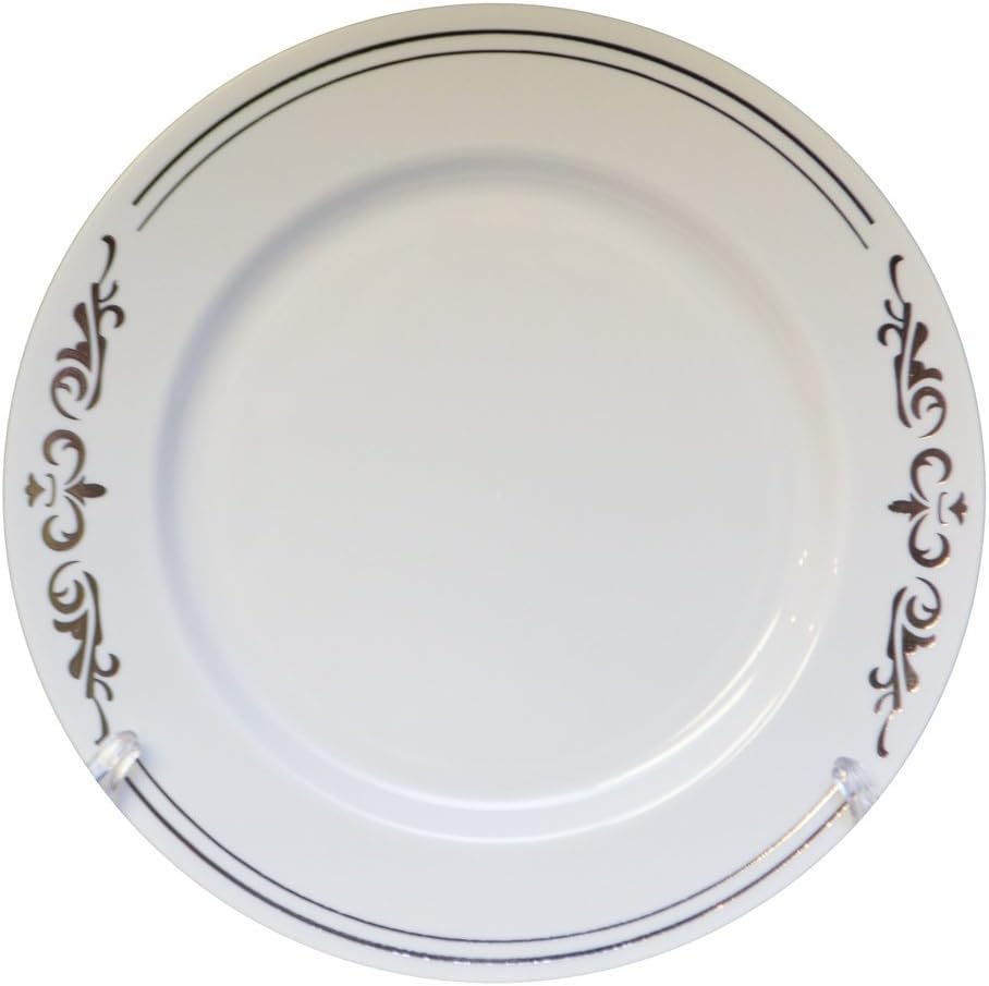 7.5" Round White Plate with Silver Ornament, 10/Pack, 12/Case
