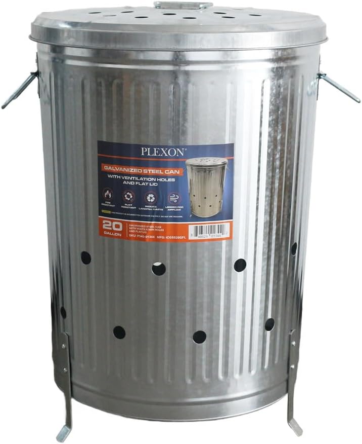 Plexon 20 gal. Galvanized Steel Composter/Rubbish Burner with Perforated Lid and Folding Handle, Optional Support Legs Included, Silver