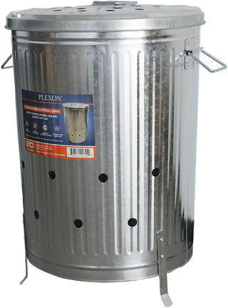 Plexon 20 gal. Galvanized Steel Composter/Rubbish Burner with Perforated Lid and Folding Handle, Optional Support Legs Included, Silver