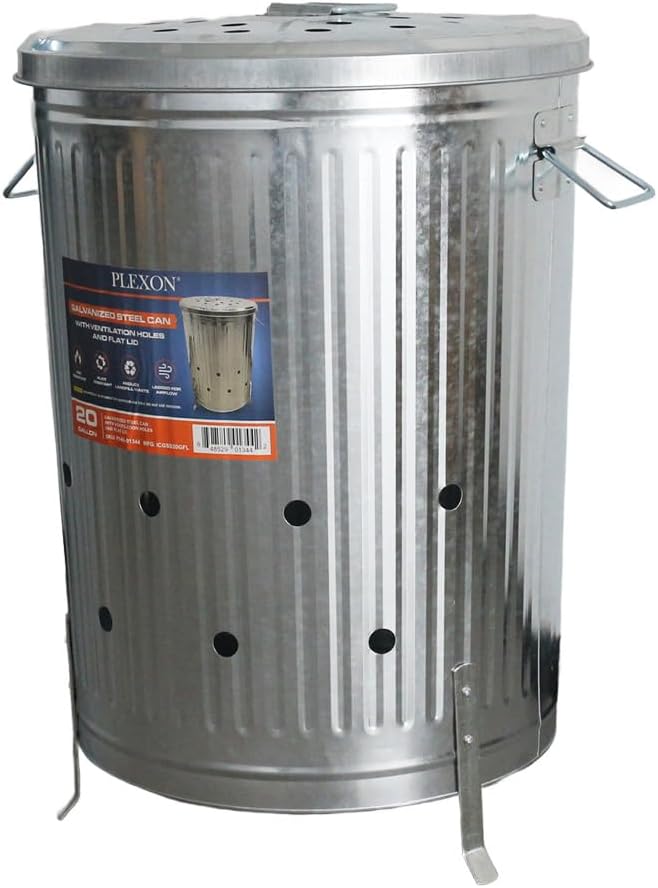 Plexon 20 gal. Galvanized Steel Composter/Rubbish Burner with Perforated Lid and Folding Handle, Optional Support Legs Included, Silver