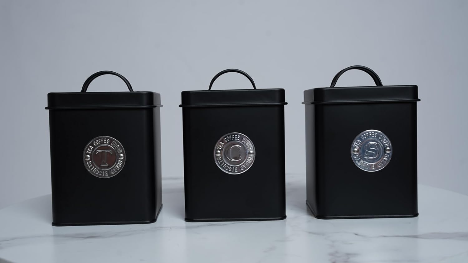 3-piece Black Metal Jar Set with Lids and Cooper Labels - 1