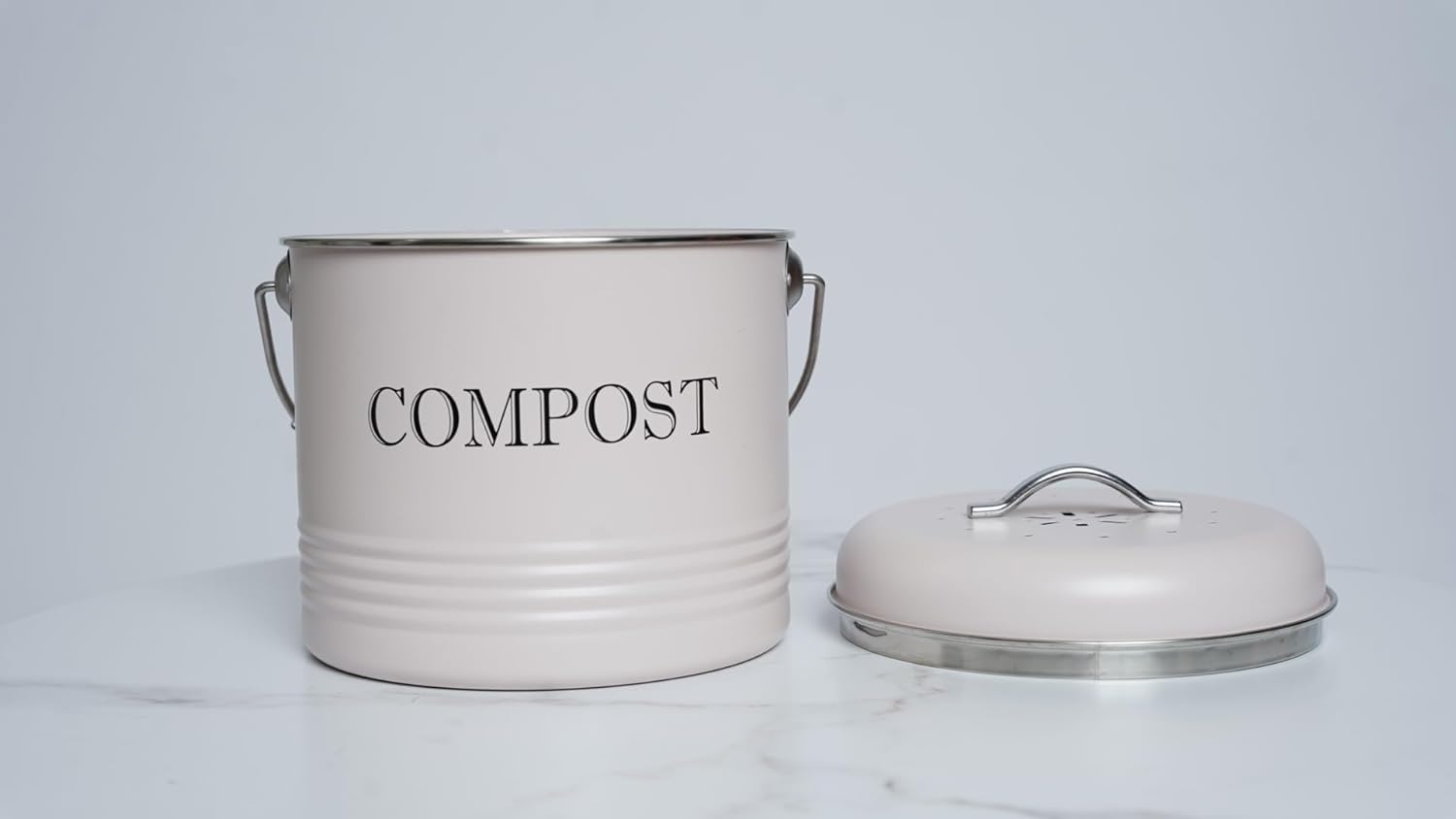 Beige Metal Compost Bucket with Lid - 3
