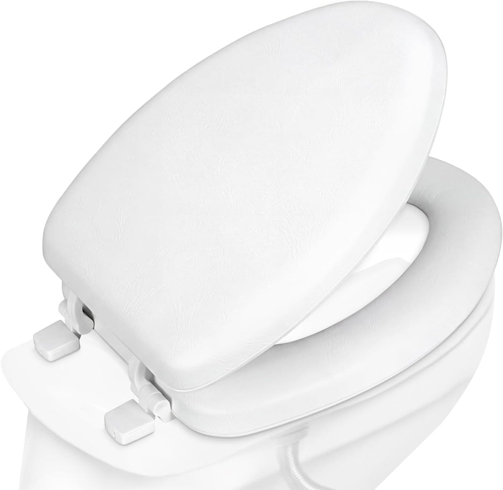 Plexon Elongated Soft Toilet Seat, Smooth Heavy-Duty Vinyl & Wood Core, Secure Hinge, White