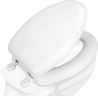 Plexon Elongated Soft Toilet Seat, Smooth Heavy-Duty Vinyl & Wood Core, Secure Hinge, White