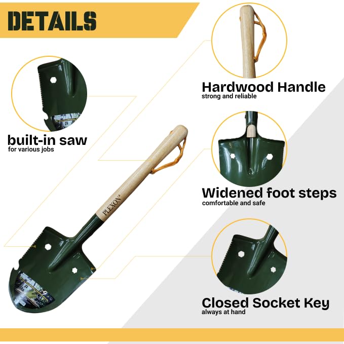 27" Multifunctional Camping Shovel with Saw, Bottle Opener, Side Blade & Hexagonal Wrench
