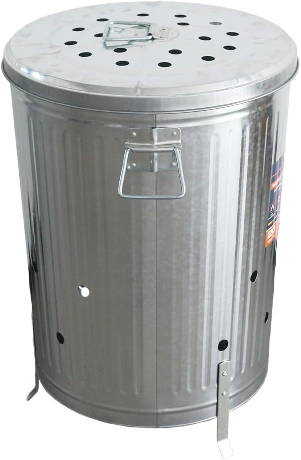 Plexon 20 gal. Galvanized Steel Composter/Rubbish Burner with Perforated Lid and Folding Handle, Optional Support Legs Included, Silver
