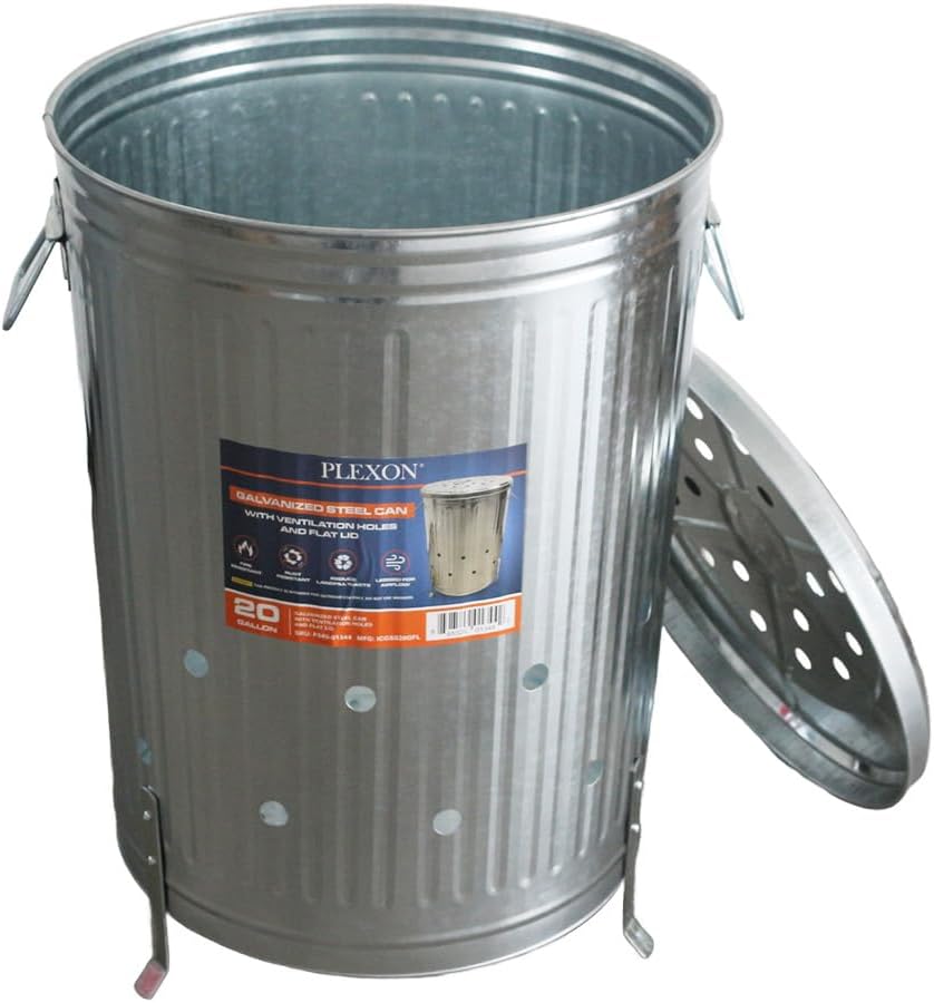 Plexon 20 gal. Galvanized Steel Composter/Rubbish Burner with Perforated Lid and Folding Handle, Optional Support Legs Included, Silver