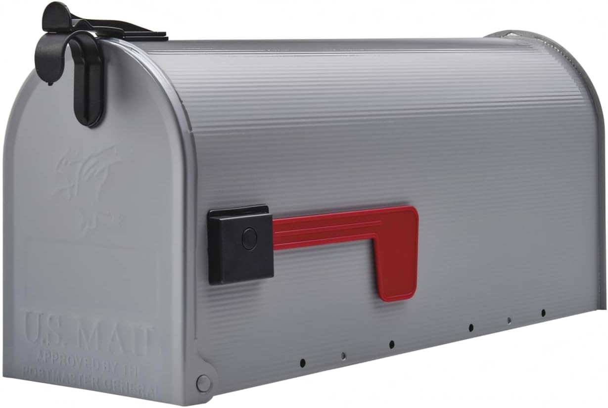 Plexon Mailboxes Classic Post Mount Mailbox - 20.28" L x 9.45" H x 6.78" W, Galvanized Steel, Gray, Rust-Resistant Powder Coated Finish
