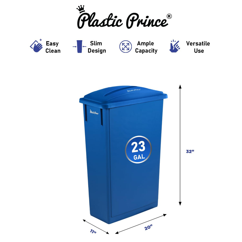 Plastic Prince 23 Gallon Slim Trash Can with Paper Recycling Lid, Commercial Blue Rectangular Garbage Can, Waste Bin for Home Kitchen Cabinet