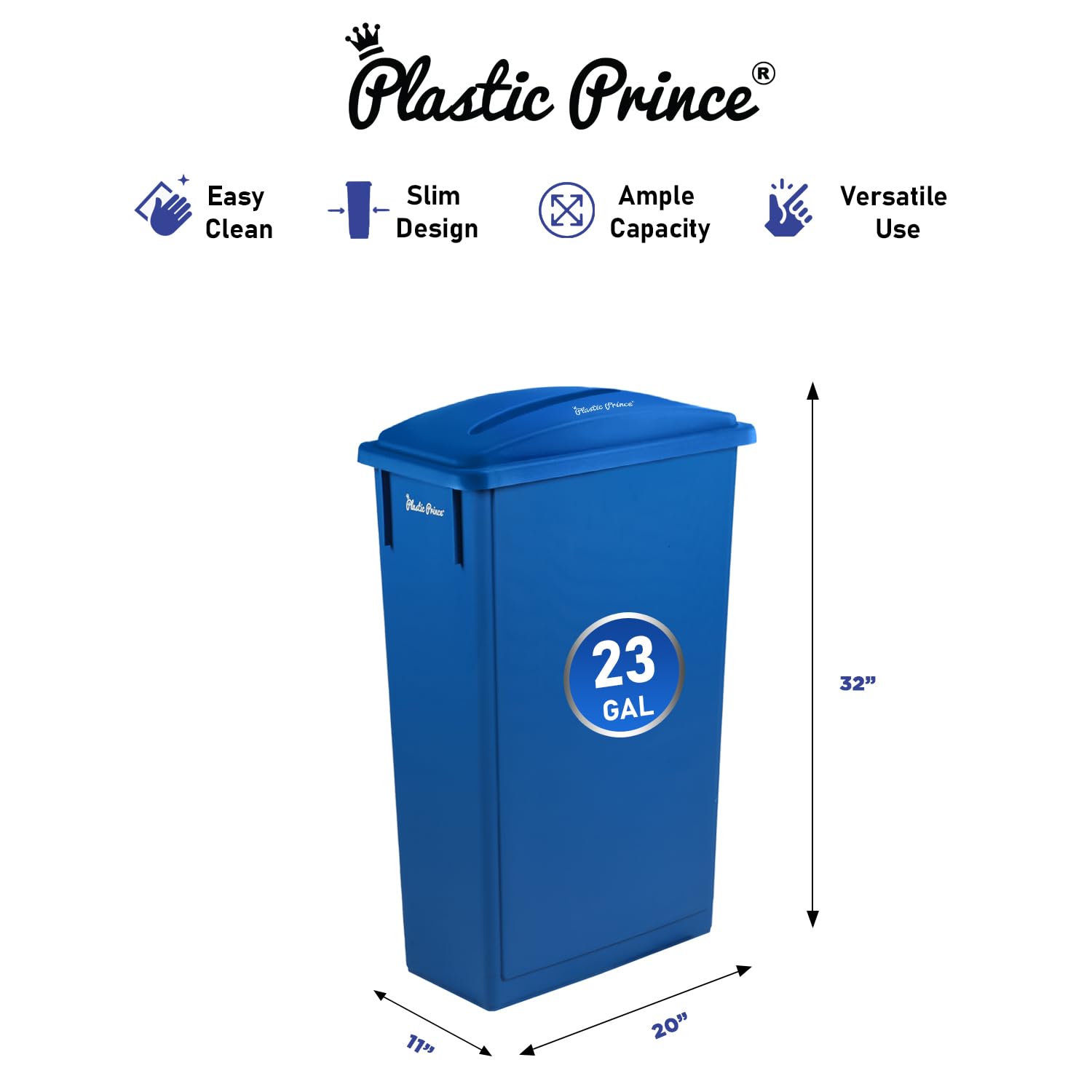 Plastic Prince 23 Gallon Slim Trash Can with Paper Recycling Lid, Commercial Blue Rectangular Garbage Can, Waste Bin for Home Kitchen Cabinet