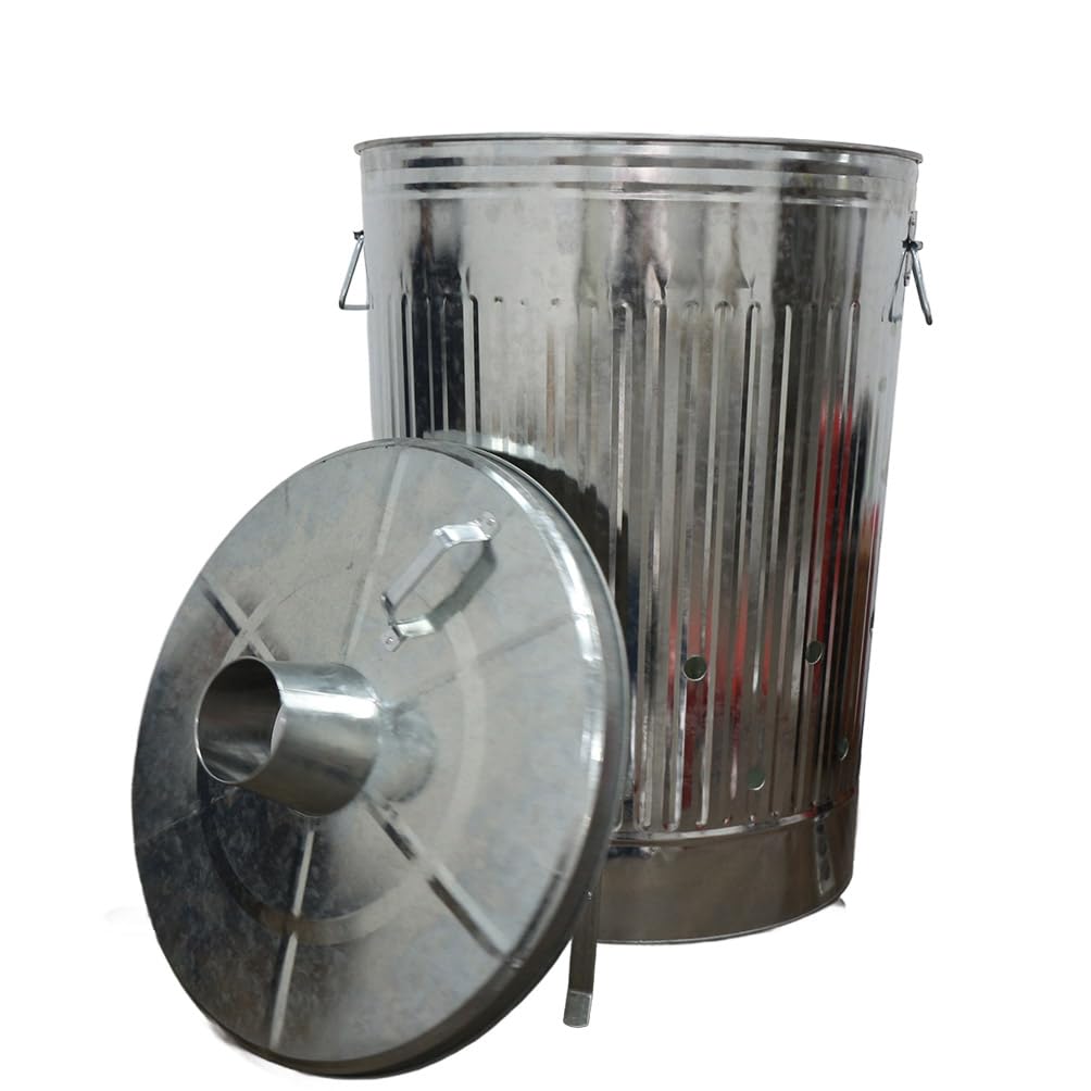 Plexon Incinerator Burn Barrel for Outside for Burning Trash Leaf - Metal Burn Can Cage Bin Container - Fire Can Paper Burner Outdoor, Chimney Lid and Ventilation Holes, Galvanized Steel, 31 Gallon