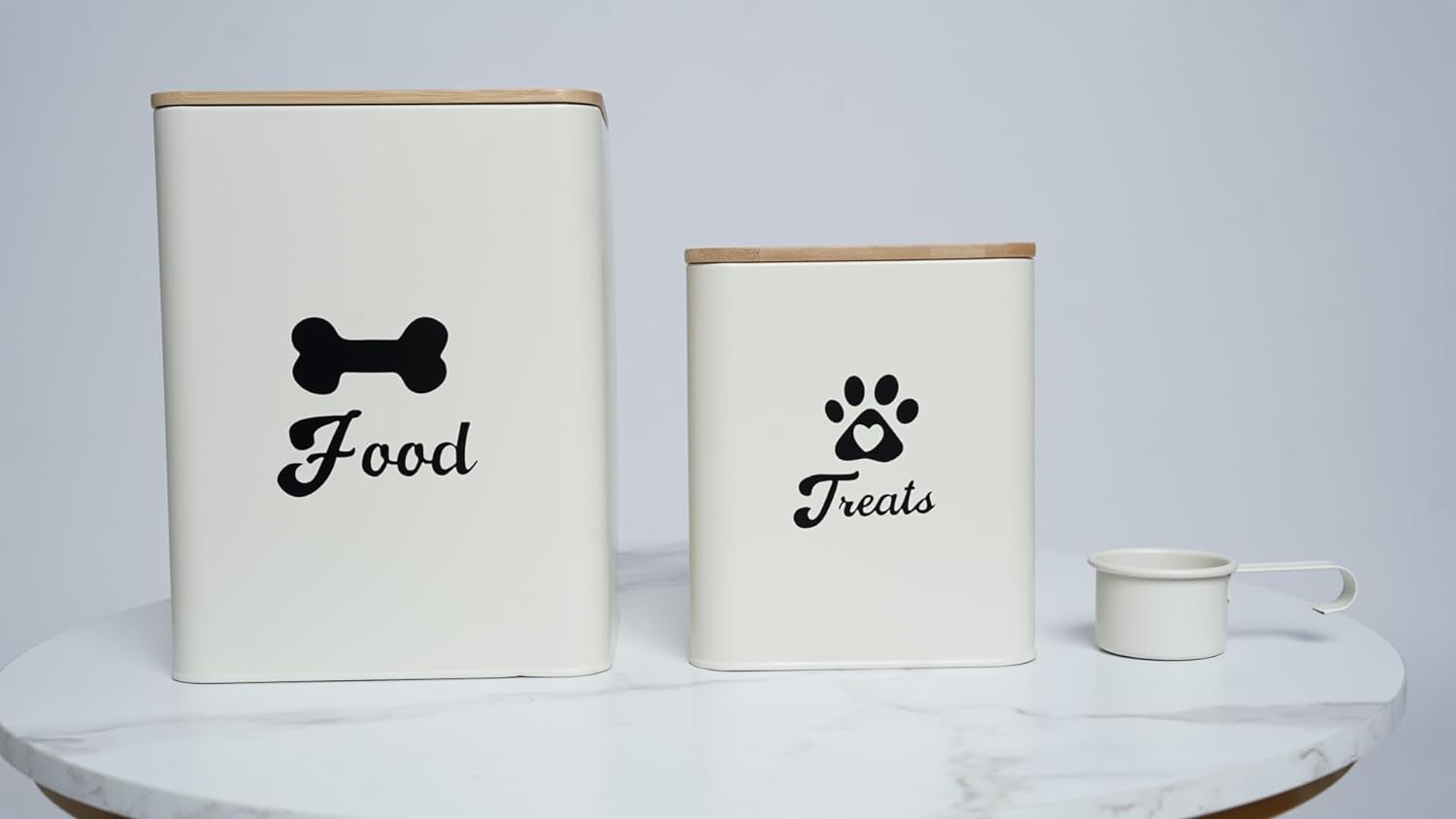 2-piece Beige Pet Food Storage Canister Set with Spoon and Wood Lids - 1