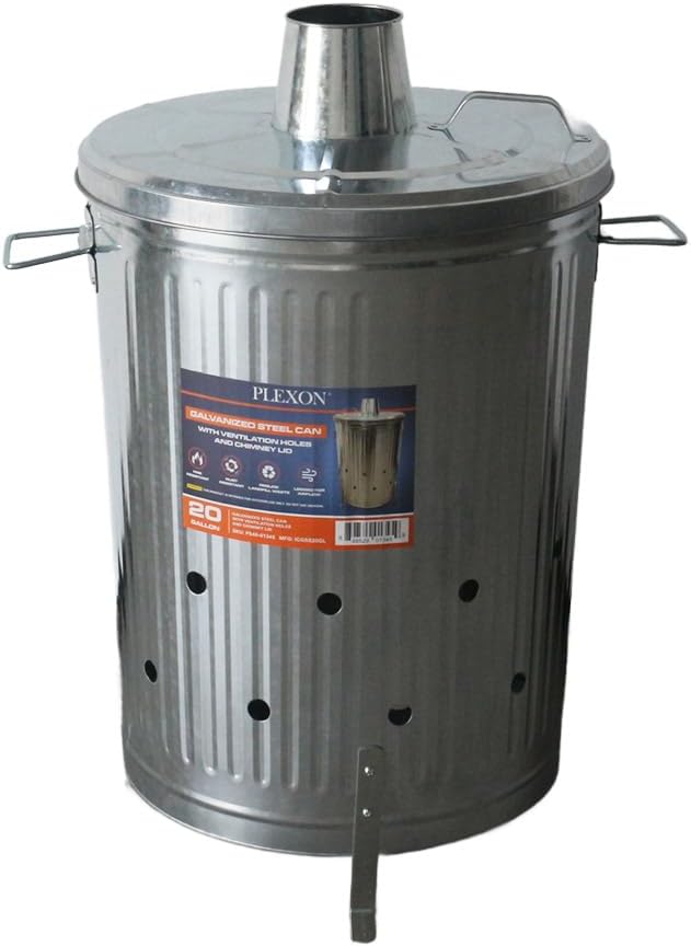 Plexon Metal Outdoor Burn Bin - Galvanized with Lid Chimney and Vent Holes - Trash Burning Container Composter Incinerator for Garbage, 20 Gallon (Chimney Lid and Vent Holes)