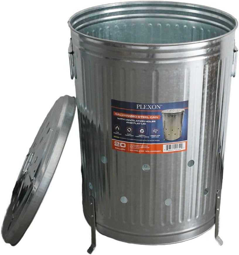 Plexon 20 gal. Galvanized Steel Composter/Rubbish Burner with Perforated Lid and Folding Handle, Optional Support Legs Included, Silver