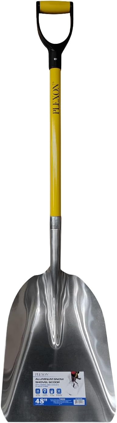 48" 12 Inch Aluminum Snow Scoop with Fiberglass Handle & Plastic D-Grip, Yellow