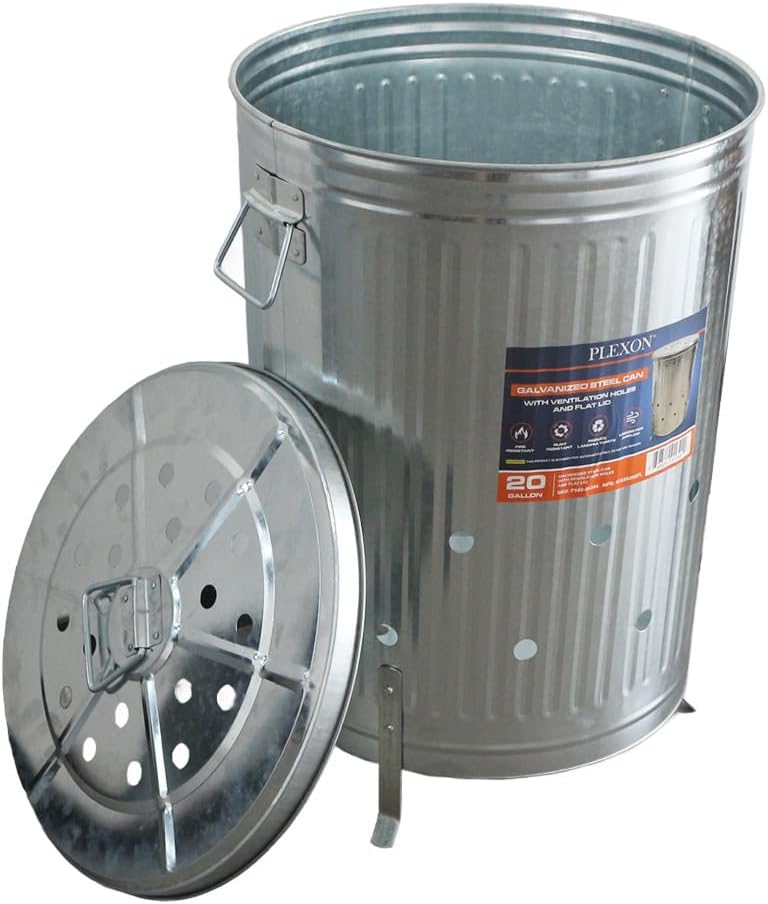 Plexon 20 gal. Galvanized Steel Composter/Rubbish Burner with Perforated Lid and Folding Handle, Optional Support Legs Included, Silver