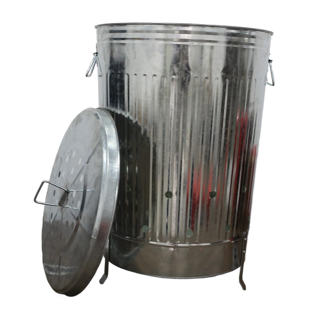 Incinerator Burn Barrel for Outside for Burning Trash Leaf - Metal Burn Can Cage Bin Container - Fire Can Paper Burner Outdoor, Flat Lid and Ventilation Holes, Galvanized Steel, 31 Gallon