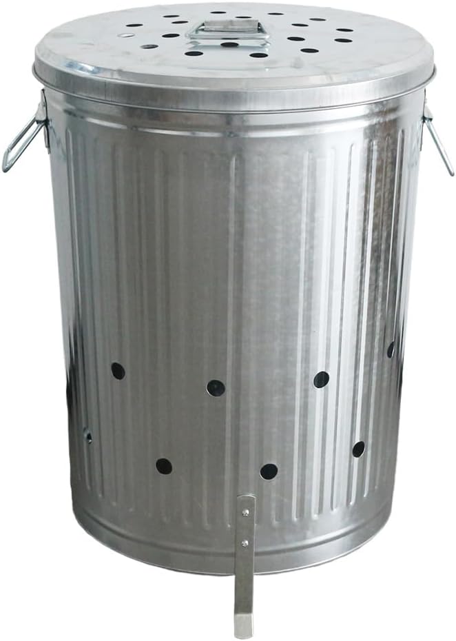 Plexon 20 gal. Galvanized Steel Composter/Rubbish Burner with Perforated Lid and Folding Handle, Optional Support Legs Included, Silver
