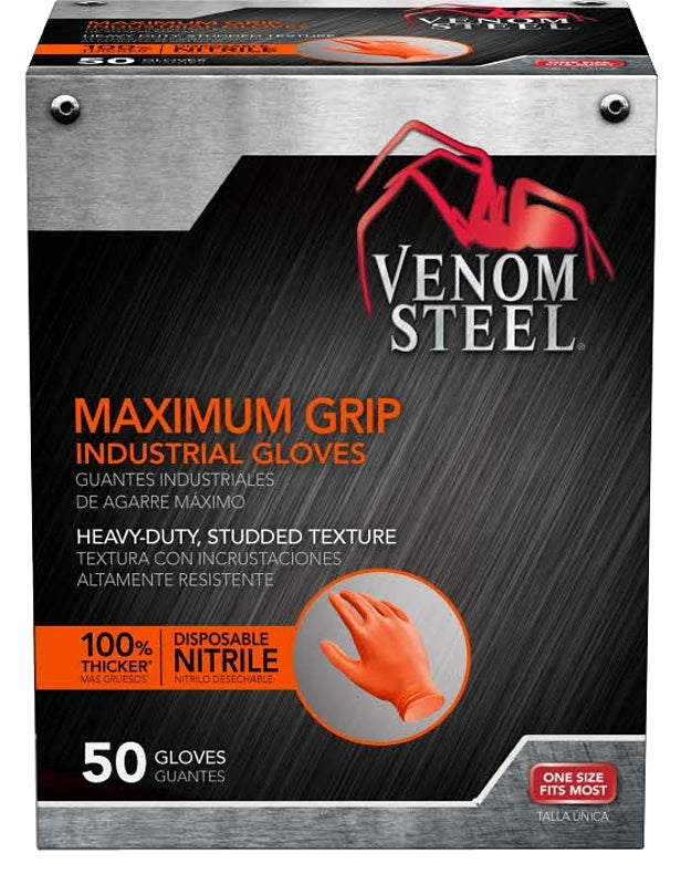 Venom Maximum Grip Nitrile Gloves - Chemical Protection - Universal Size - Diamond Textured - Orange - Embossed, Non-slip Grip, Chemical Resistant, Rip Resistant, Puncture Resistant, Tear Resistant - For Painting, Chemical, Cleaning, Soap - 1 Each -