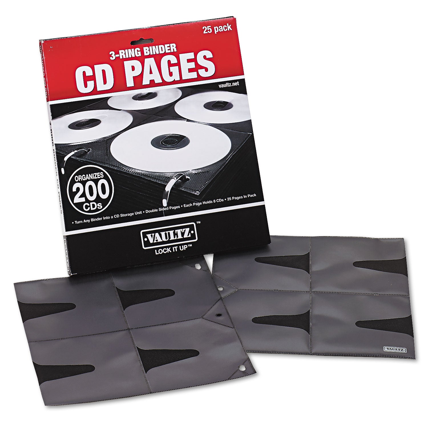 Two-Sided CD Refill Pages for Three-Ring Binder, 8 Disc Capacity, Clear/Black, 25/Pack - 