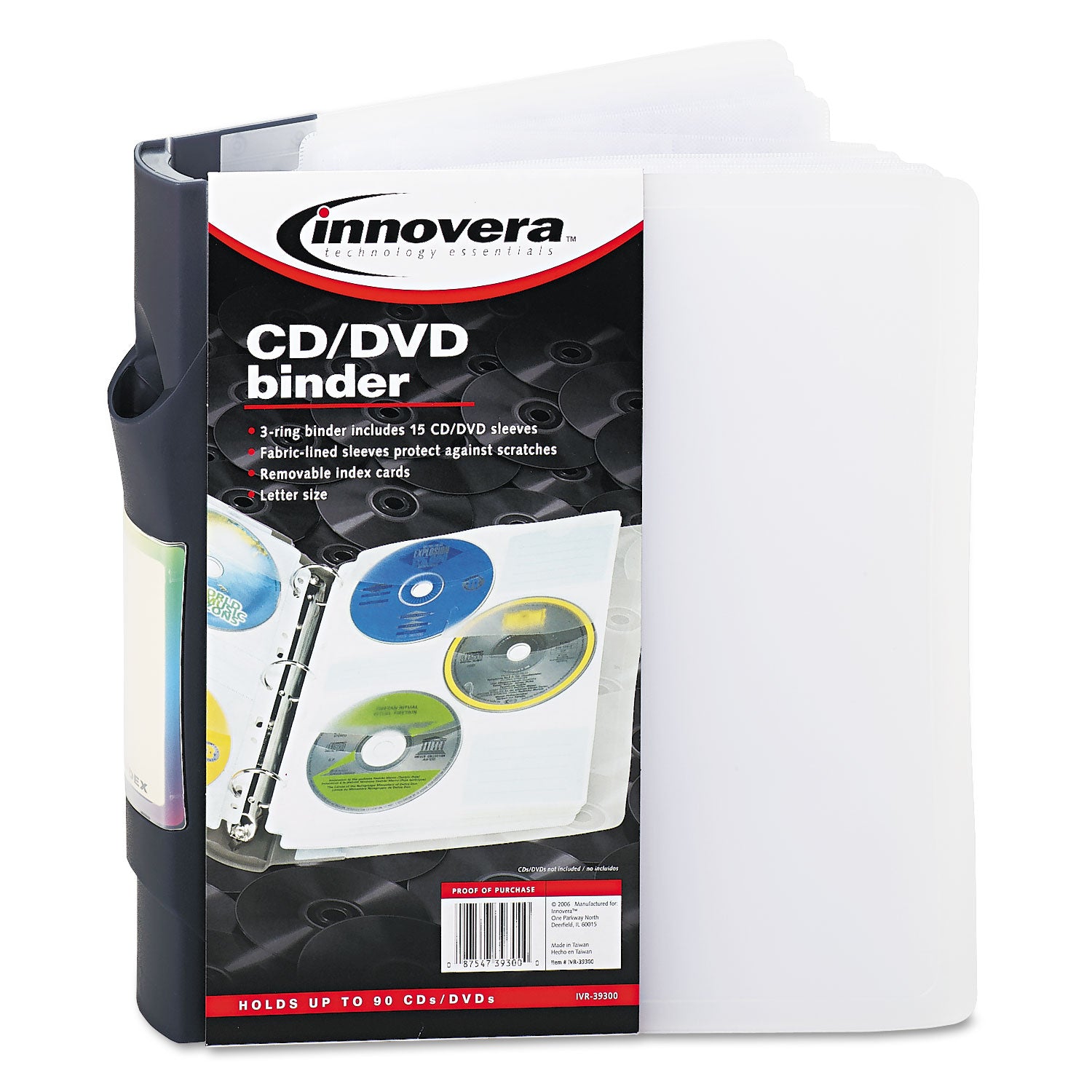 CD/DVD Three-Ring Refillable Binder, Holds 90 Discs, Midnight Blue/Clear - 
