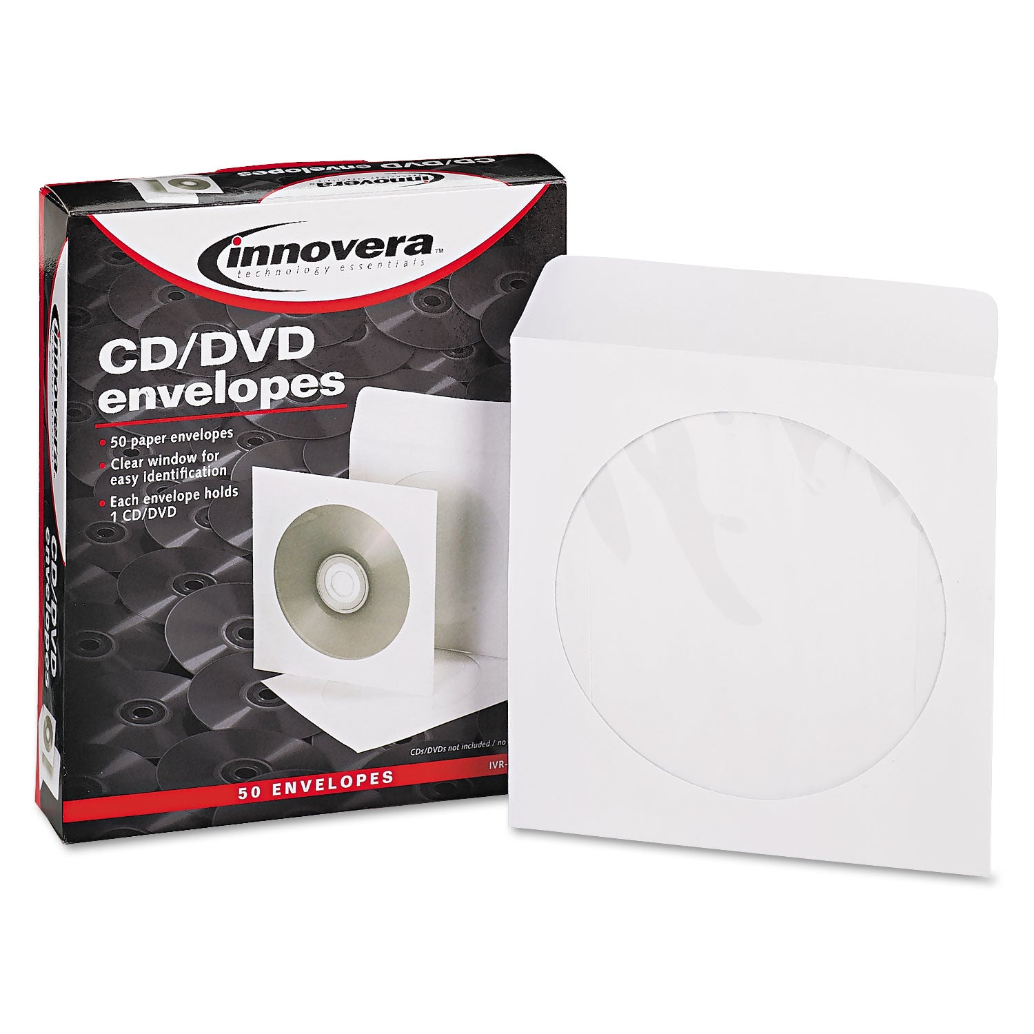 CD/DVD Envelopes, Clear Window, 1 Disc Capacity, White, 50/Pack - 