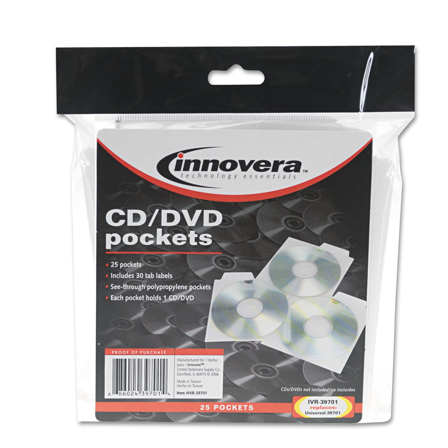 CD/DVD Pockets, 1 Disc Capacity, Clear, 25/Pack - 