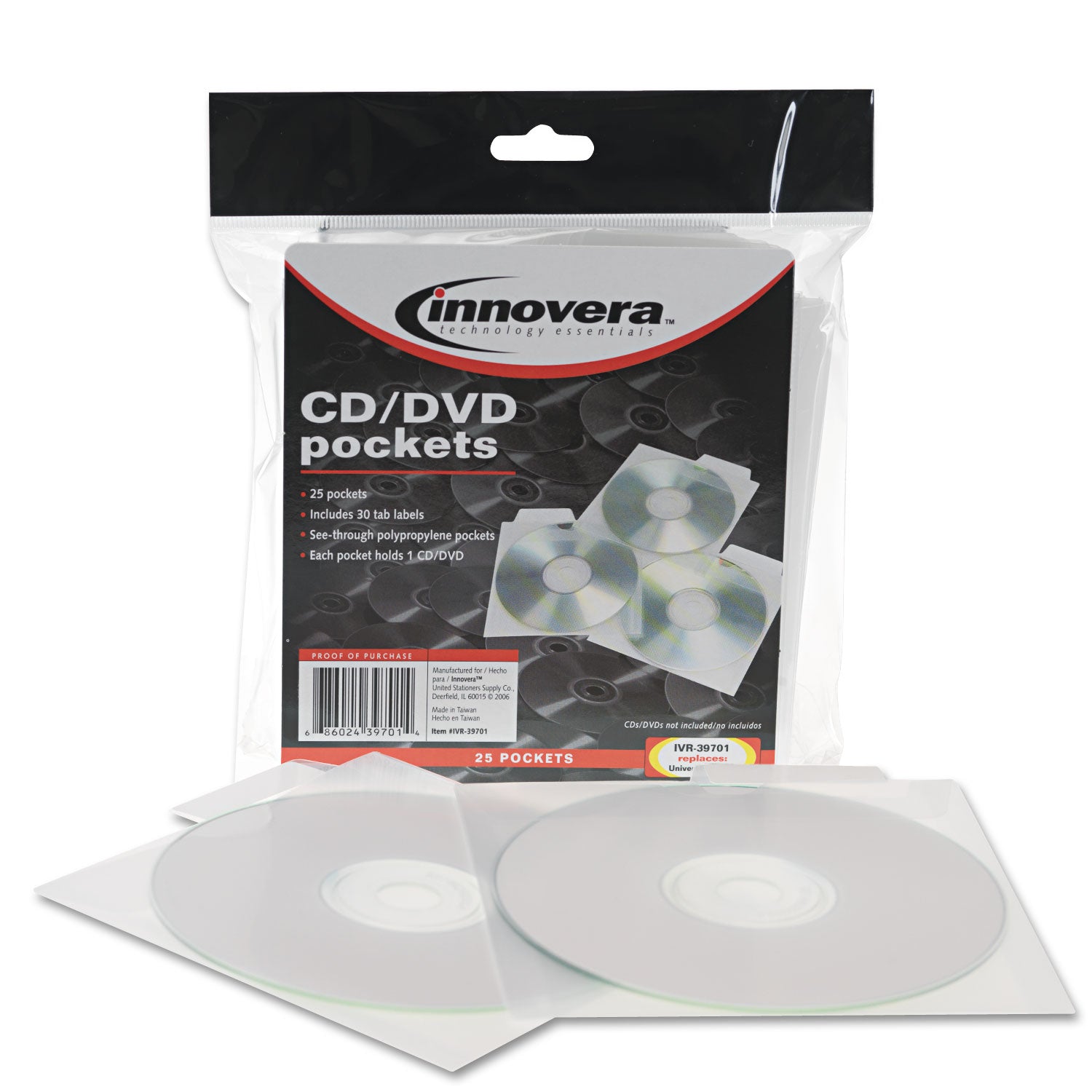 CD/DVD Pockets, 1 Disc Capacity, Clear, 25/Pack - 