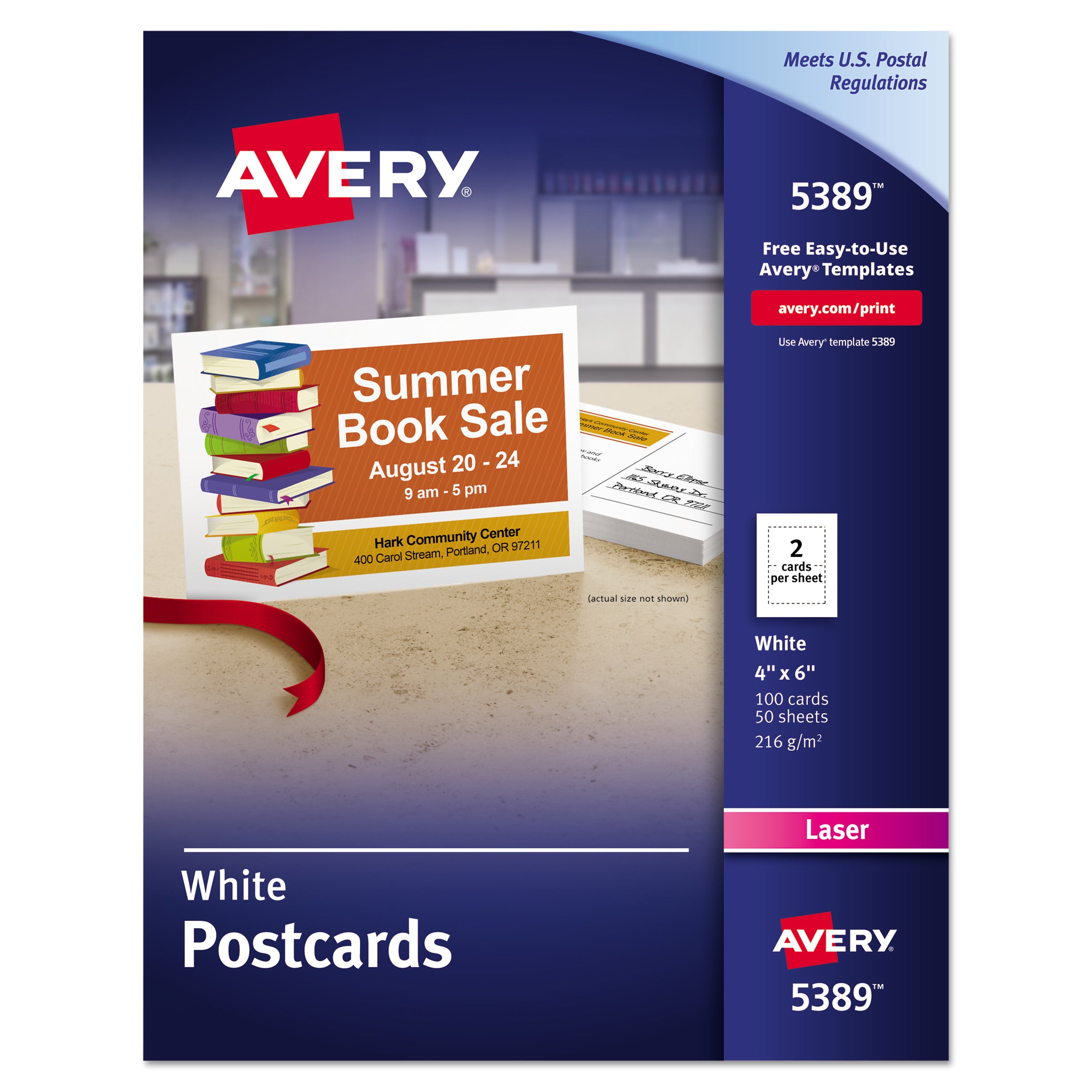 Printable Postcards, Laser, 80 lb, 4 x 6, Uncoated White, 100 Cards, 2/Cards/Sheet, 50 Sheets/Box - 