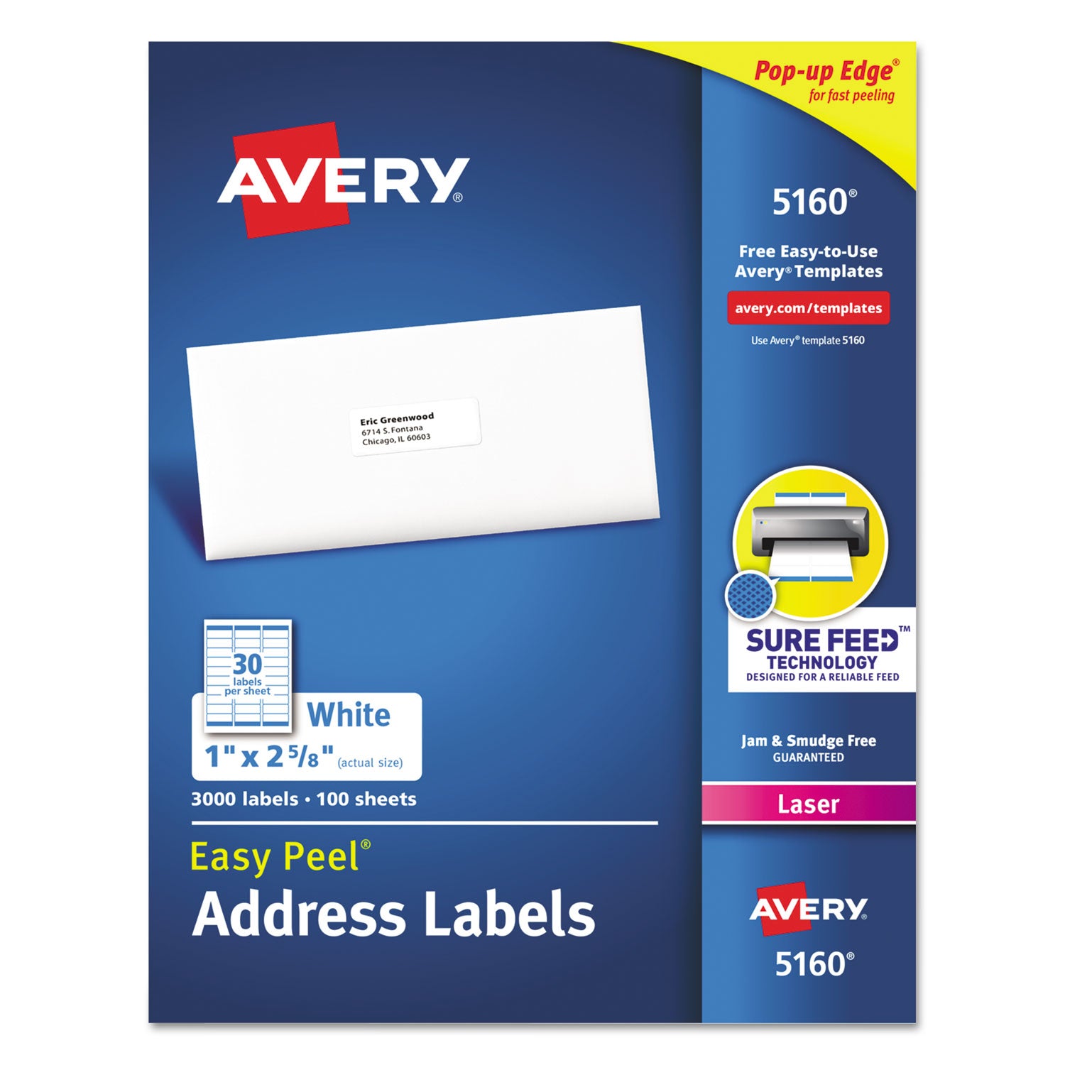 Easy Peel White Address Labels w/ Sure Feed Technology, Laser Printers, 1 x 2.63, White, 30/Sheet, 100 Sheets/Box - 