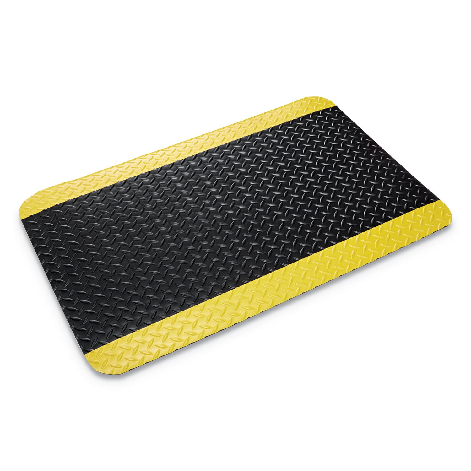 Industrial Deck Plate Anti-Fatigue Mat, Vinyl, 36 x 60, Black/Yellow Border - 