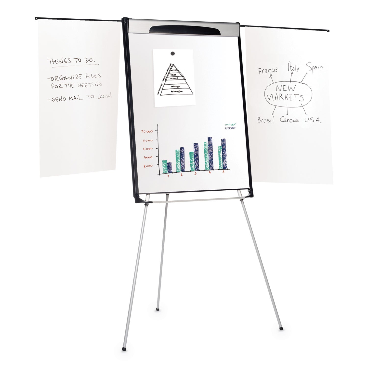 Tripod Extension Bar Magnetic Dry-Erase Easel, 39" to 72" High, Black/Silver - 