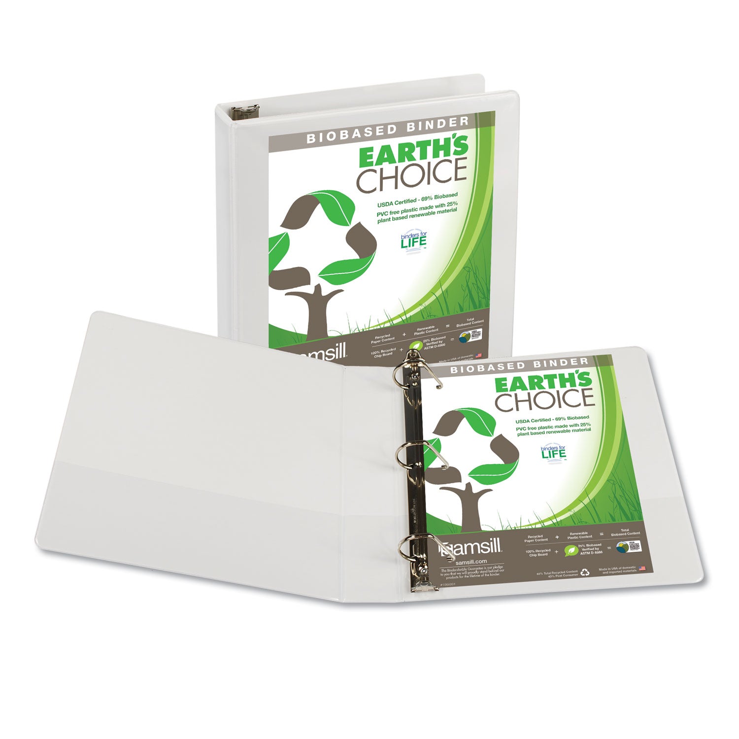 Earth's Choice Plant-Based D-Ring View Binder, 3 Rings, 1.5" Capacity, 11 x 8.5, White - 