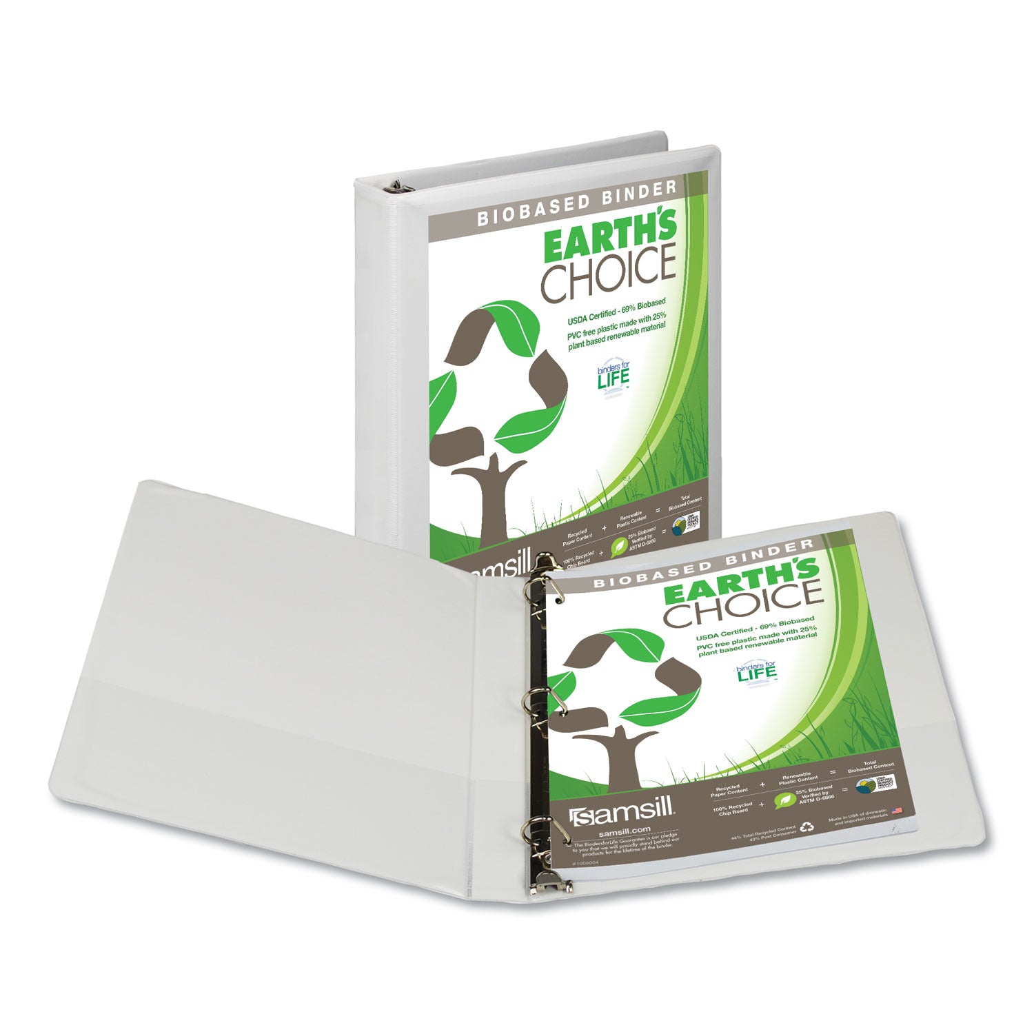 Earth's Choice Plant-Based D-Ring View Binder, 3 Rings, 1" Capacity, 11 x 8.5, White - 