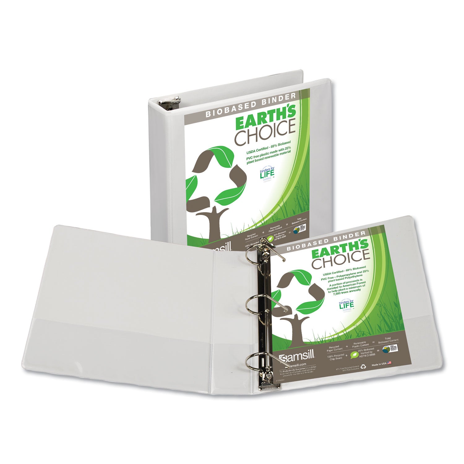 Earth's Choice Plant-Based D-Ring View Binder, 3 Rings, 2" Capacity, 11 x 8.5, White - 