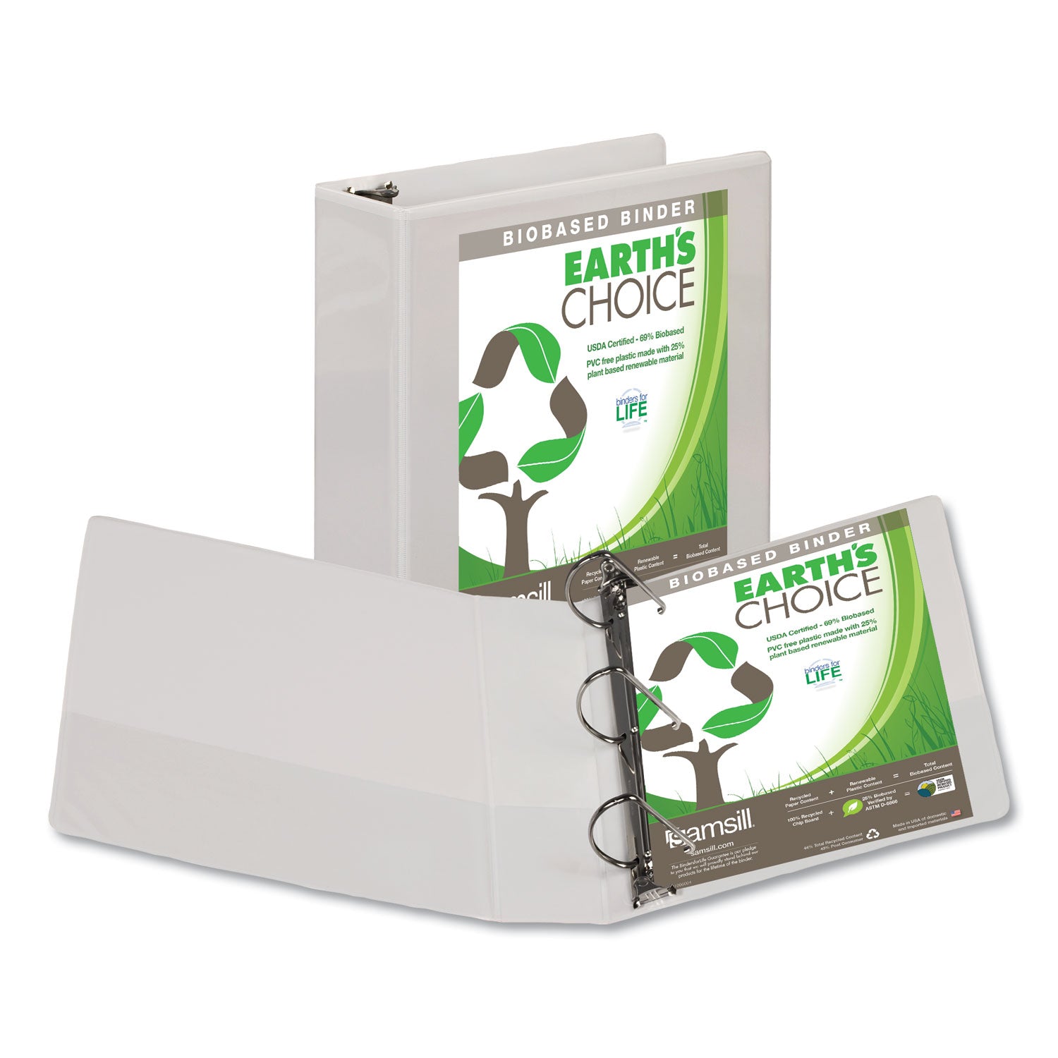 Earth's Choice Plant-Based D-Ring View Binder, 3 Rings, 3" Capacity, 11 x 8.5, White - 